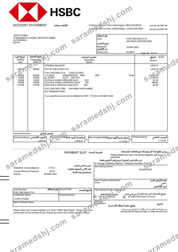 Egypt HSBC bank statement, Word and PDF template, version 2